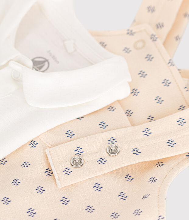 Completo salopette in felpa leggera beb&egrave; ecru/multicolore