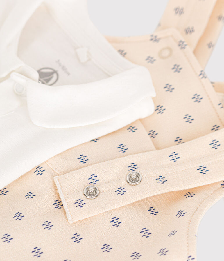 Completo salopette in felpa leggera beb&egrave; ecru/multicolore