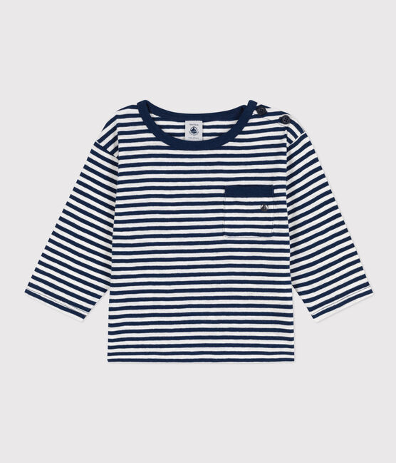 T-shirt bebè a maniche lunghe in jersey fiammato a righe blu MEDIEVAL/bianco MARSHMALLOW