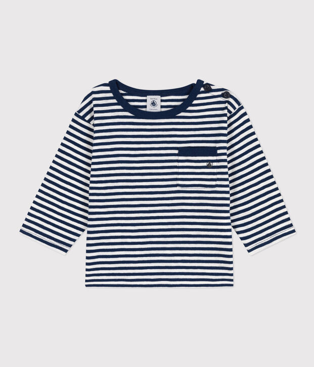 T-shirt beb&egrave; a maniche lunghe in jersey fiammato a righe blu/bianco