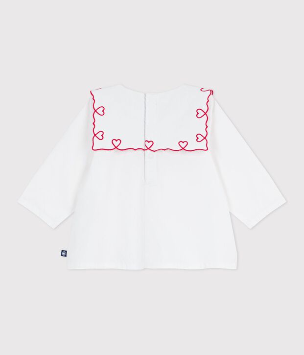 Blusa a maniche lunghe in popeline di cotone con ricamo a cuori neonata bianco