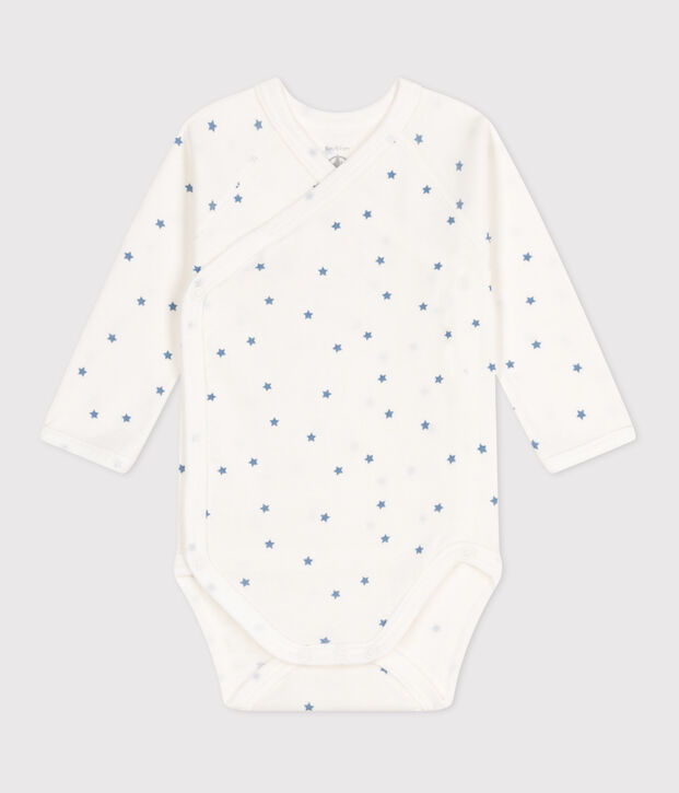Body incrociati a maniche lunghe in cotone neonato bianco/blu