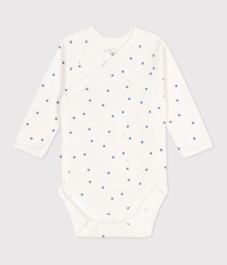 Body incrociati a maniche lunghe in cotone neonato bianco/blu
