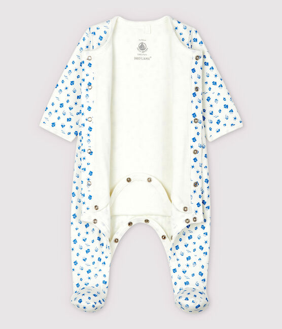 Body-pigiama fantasia barche bebè in tubique in cotone biologico bianco MARSHMALLOW/blu COOL