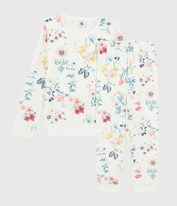 Pigiama a fiori bambina in ciniglia bianco/multicolore