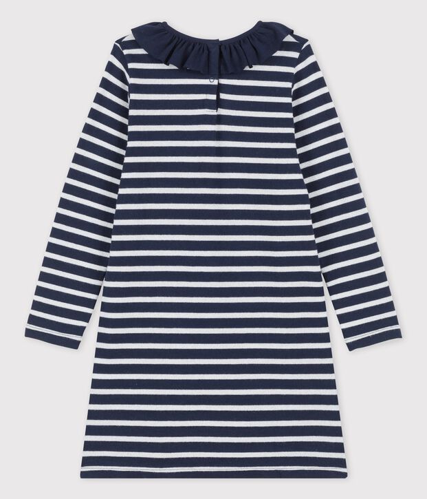Abito bambina a maniche lunghe in cotone blu/bianco/grigio