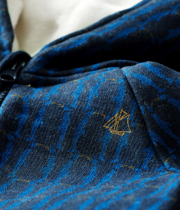 Felpa con cappuccio beb&egrave; maschio in molleton fantasia e doppiato in sherpa blu/multicolore