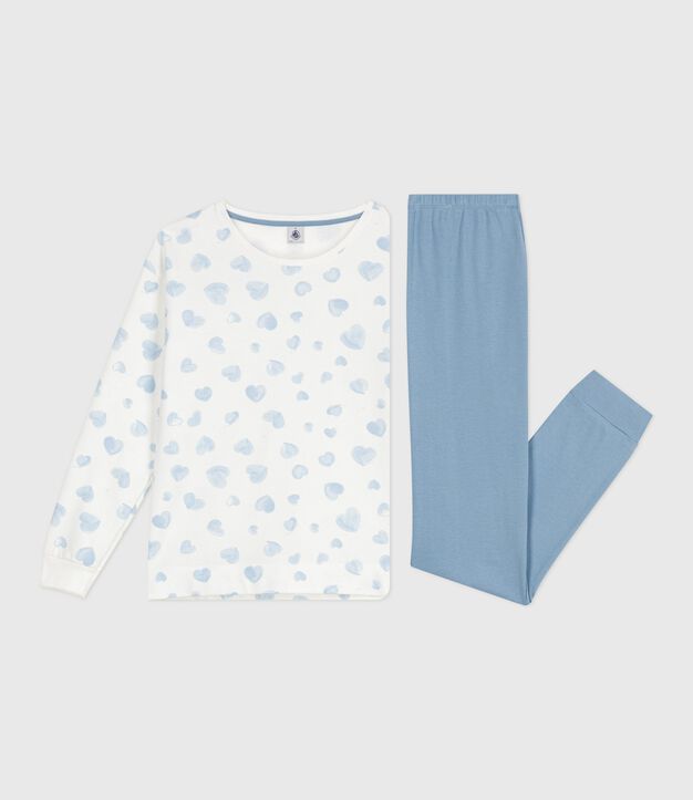 Pigiama in cotone bimateriale con stampa a cuori donna blu/multicolore