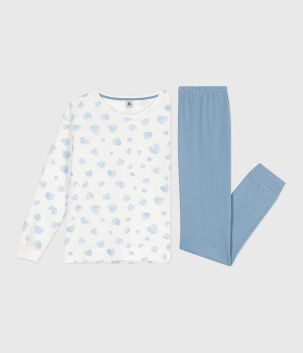Pigiama in cotone bimateriale con stampa a cuori donna blu/multicolore