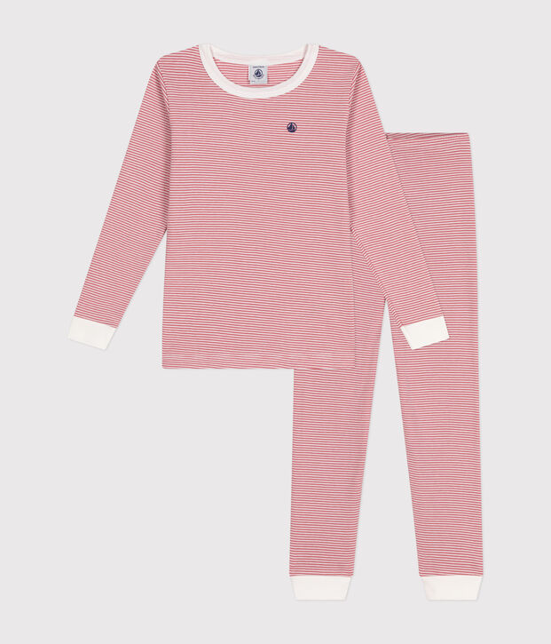 Pigiama aderente in cotone a righe bambino rosa/bianco