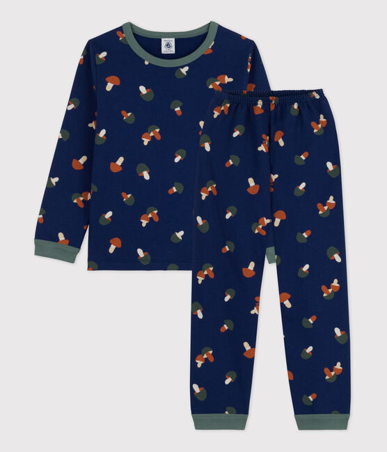 Pigiama bambina/bambino in tessuto felpato motivo funghetto blu MEDIEVAL/bianco MULTICO
