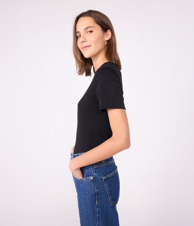 T-shirt Iconica a maniche corte a coste tinta unita donna nero