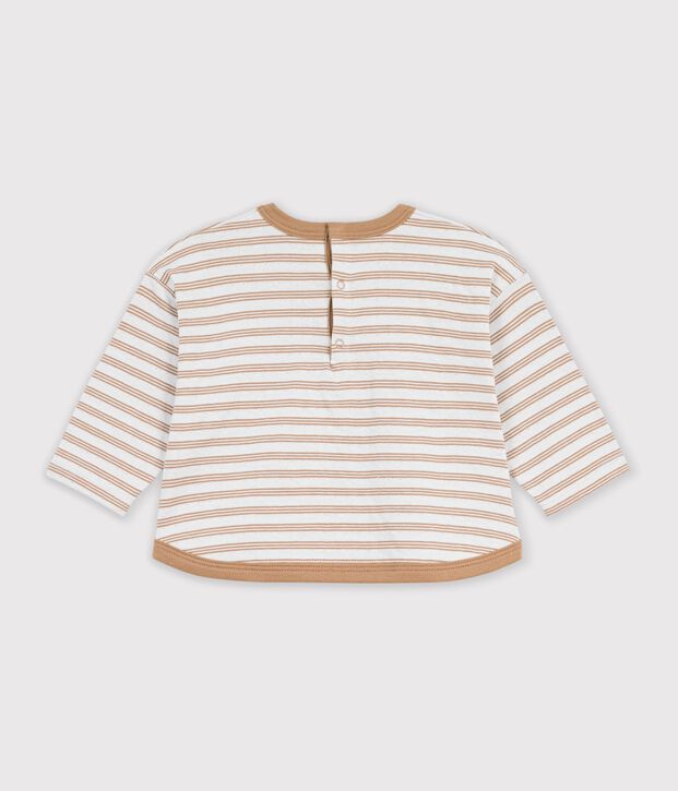 T-shirt a maniche lunghe in cotone a righe neonato. beige/ecru