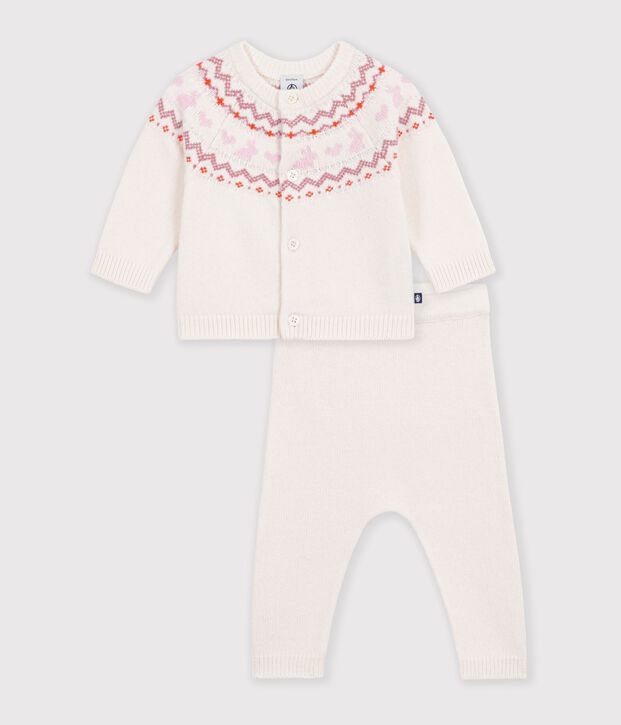Completo in maglia jacquard fantasia neonato ecru/rosa