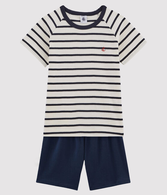 Pigiama corto a righe marinière unisex a costine bianco MARSHMALLOW/blu SMOKING