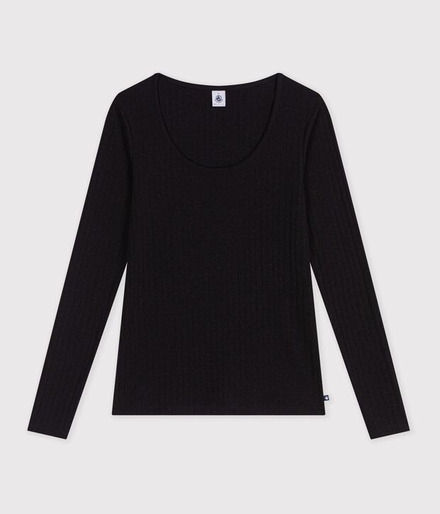 T-shirt con ampio scollo arrotondato in misto lana e cotone tinta unita donna nero