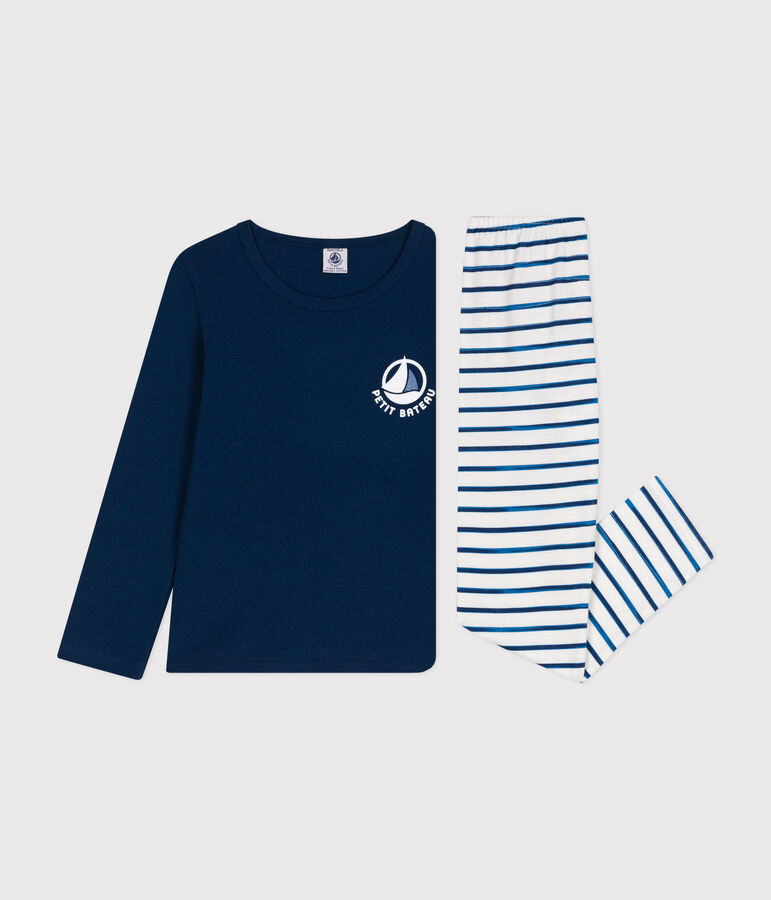 Pigiama bambino a maniche lunghe in cotone bianco/blu