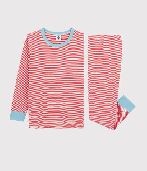 Pigiama a righe bambino in cotone arancione OURSIN/bianco MARSHMALLOW