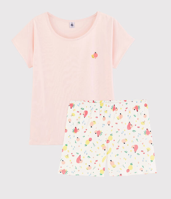 Pigiama corto fantasia frutta estiva ragazza-donna in cotone biologico rosa FLEUR/bianco MULTICO