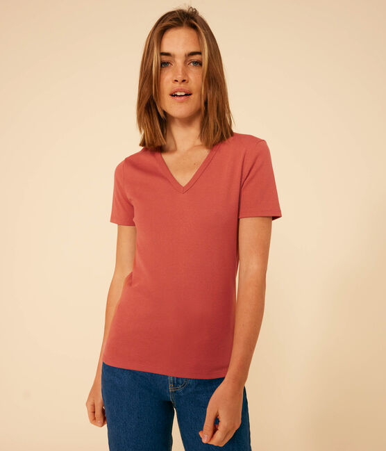 T-shirt L'Iconique scollo a V in cotone tinta unita donna marrone FAMEUX