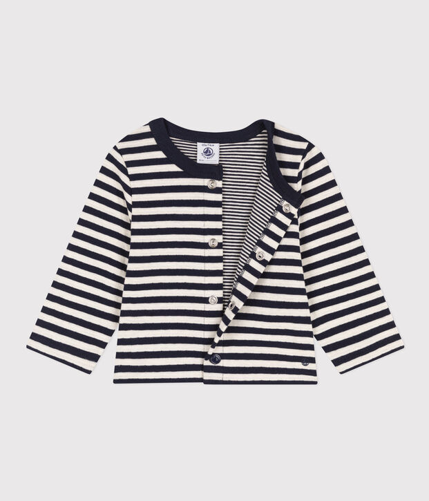 Cardigan in tubique a righe per beb&egrave; blu/ecru