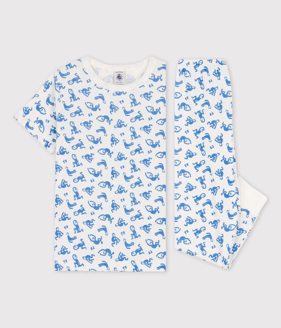 Pigiama manica corta scimmiette bambino in cotone bianco MARSHMALLOW/blu BRASIER
