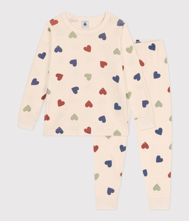 Pigiama bambino fantasia cuori in cotone ecru/multicolore