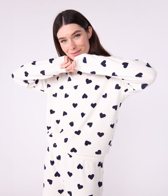 Pigiama in spugna di cotone con stampa a cuori donna blu MILK/ SOIR