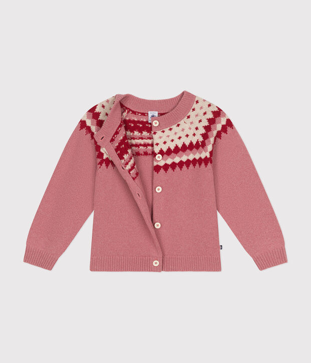 Cardigan in maglia jacquard di lana e cotone bambina rosa/ecru