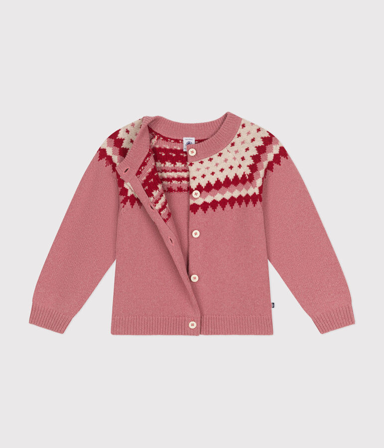 Cardigan in maglia jacquard di lana e cotone bambina rosa/ecru