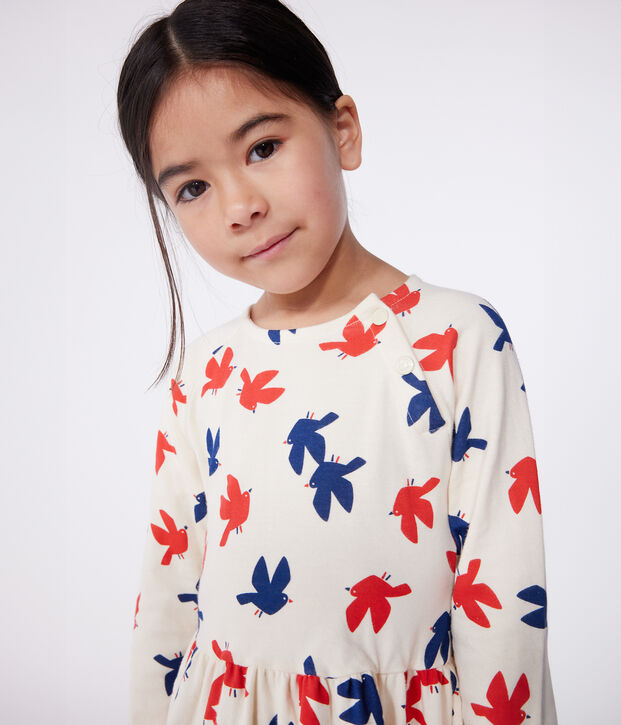 Abito a maniche lunghe in cotone con stampa bambina ecru/multicolore