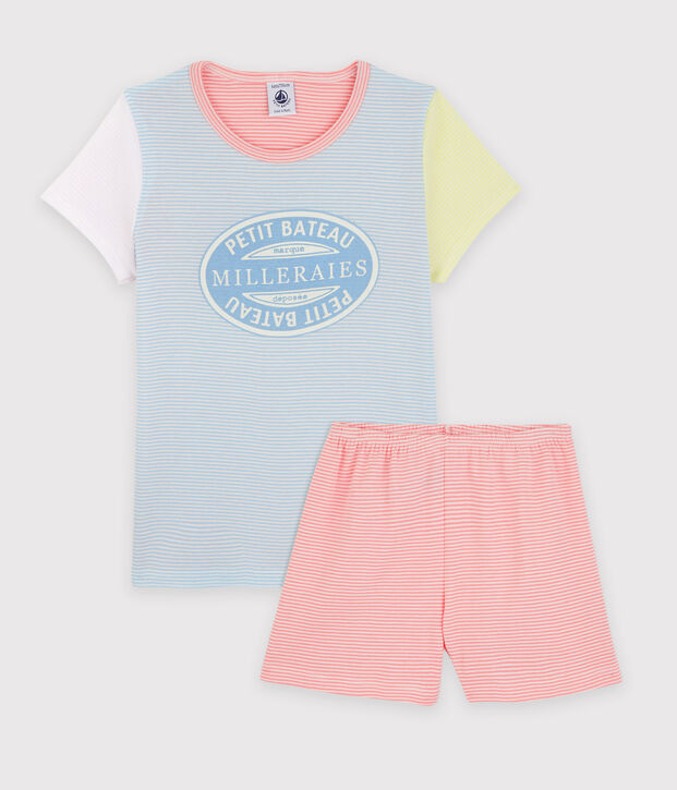 Pigiama corto millerighe colorate bambina in cotone blu/multicolore