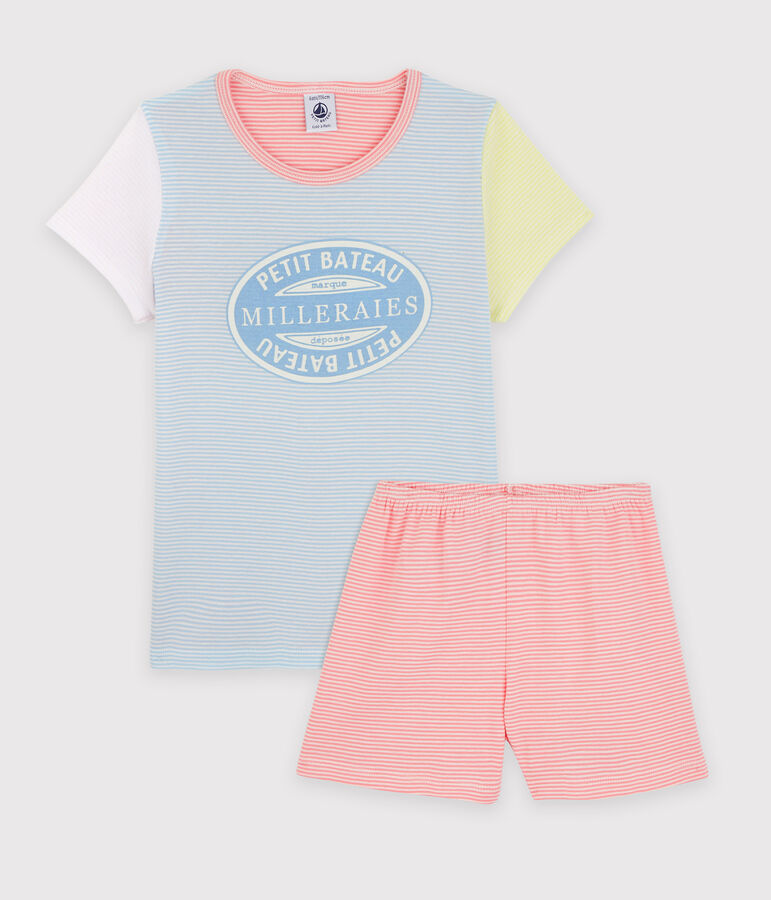 Pigiama corto millerighe colorate bambina in cotone blu/multicolore