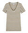 T-shirt donna scollo V in costina originale 1x1 rigata marrone SHITAKE/bianco MARSHMALLOW