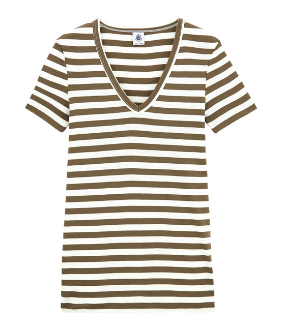 T-shirt donna scollo V in costina originale 1x1 rigata marrone SHITAKE/bianco MARSHMALLOW