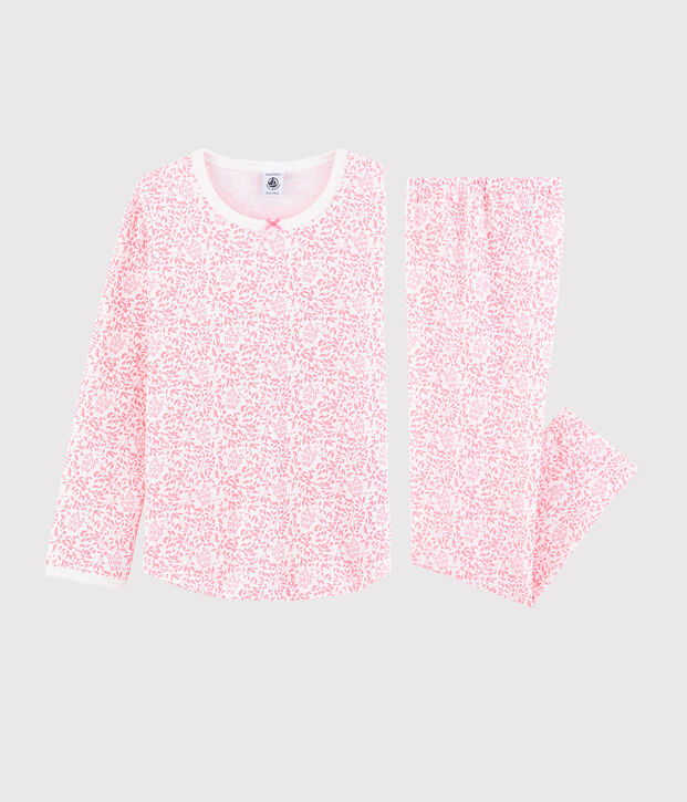 Pigiama fiori rosa bambina a costine bianco/rosa