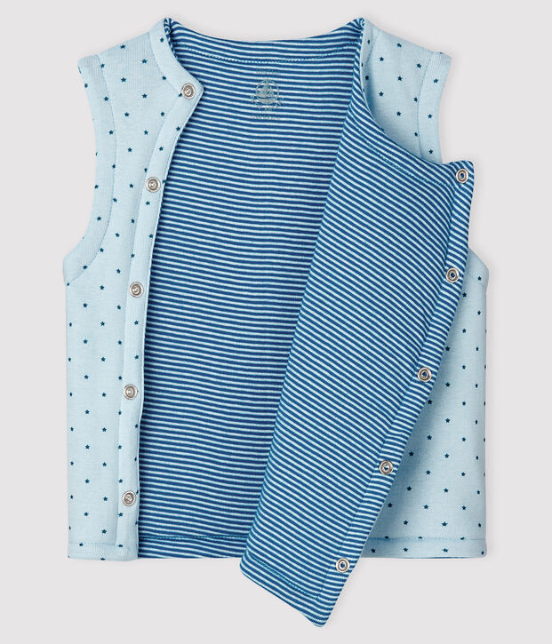 Gil&egrave; blu smanicato reversibile per beb&eacute; maschio a costine in ovatta blu/multicolore