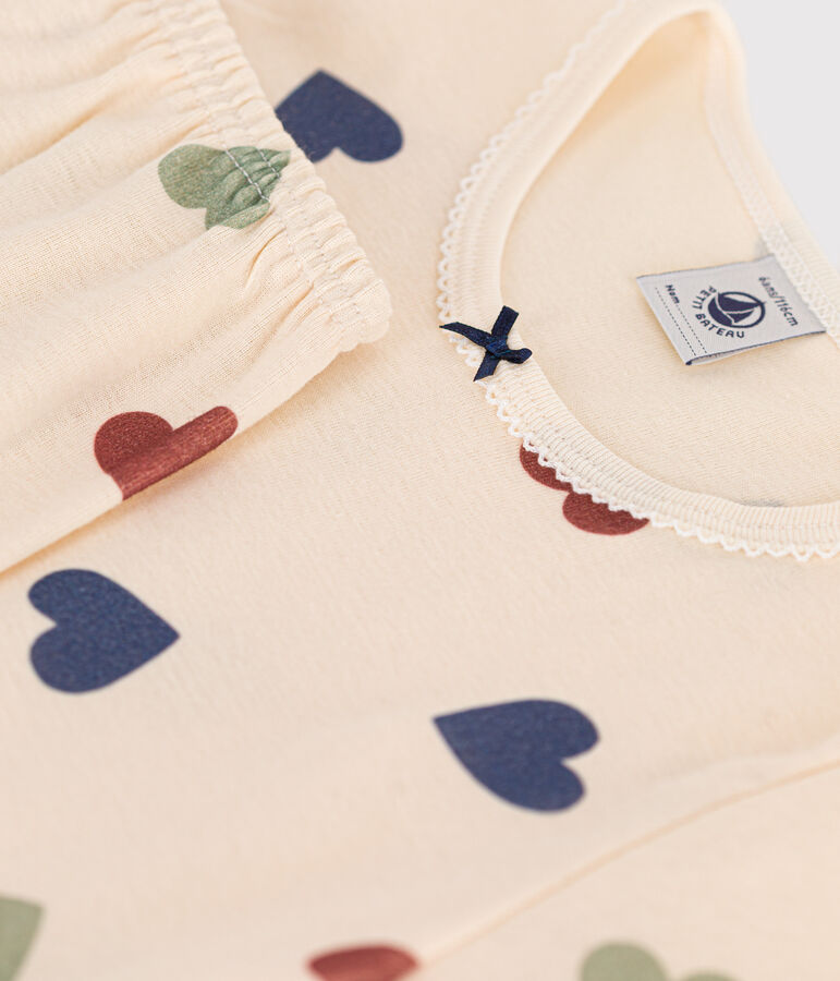 Pigiama bambino in cotone con motivo cuore ecru/multicolore