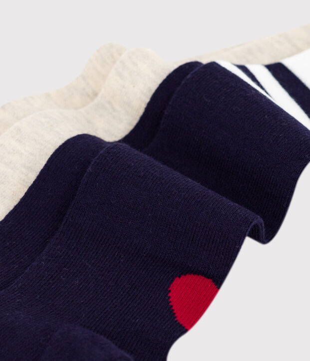 Set di 2 collant in cotone tinta unita con motivo a cuori neonata blu/beige