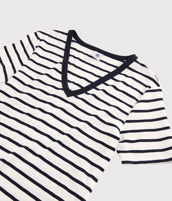 T-shirt scollo a V iconica in cotone a righe Donna bianco MARSHMALLOW/blu SMOKING