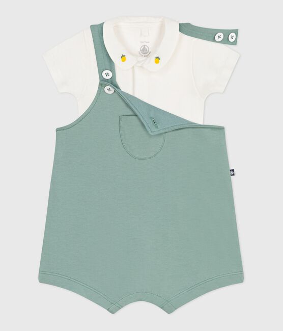 Completo nascita composto da salopette e body ricamato in cotone tinta unita verde PAUL