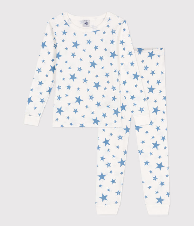 Pigiama per bambini molto aderente in cotone stampato bianco/blu