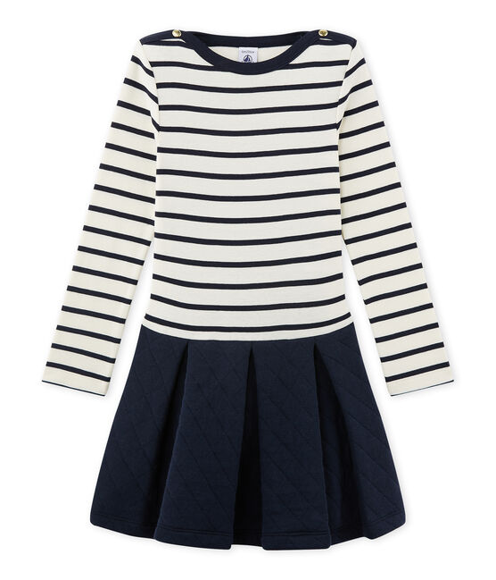 Abito per bambina bi-matière beige COQUILLE/blu SMOKING