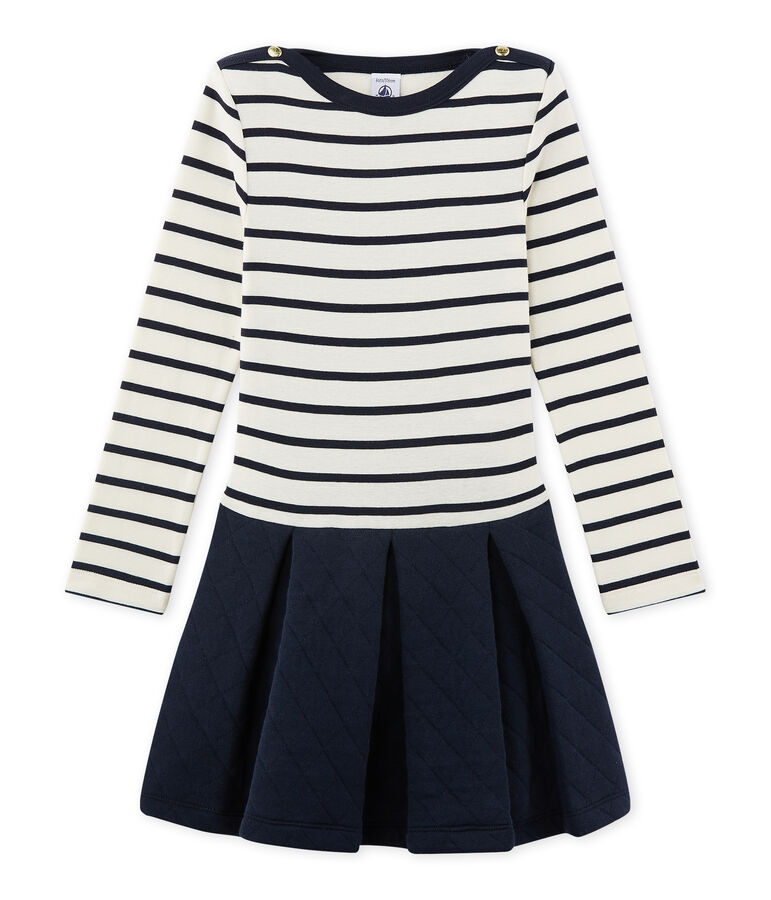 Abito per bambina bi-mati&egrave;re beige COQUILLE/blu SMOKING