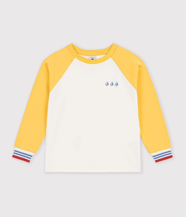 T-shirt a maniche lunghe in cotone color block bambino ecru/multicolore