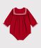 Tutina corta in ciniglia tinta unita con colletto neonato rosso
