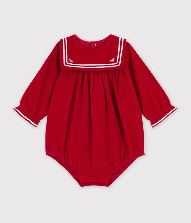 Tutina corta in ciniglia tinta unita con colletto neonato rosso