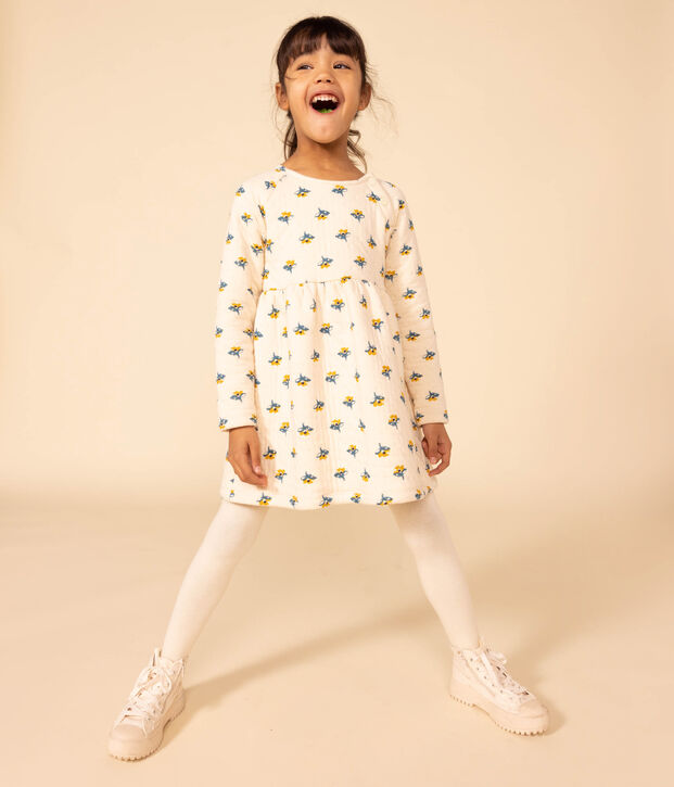 Abito a maniche lunghe in tubique fantasia bambina ecru/multicolore