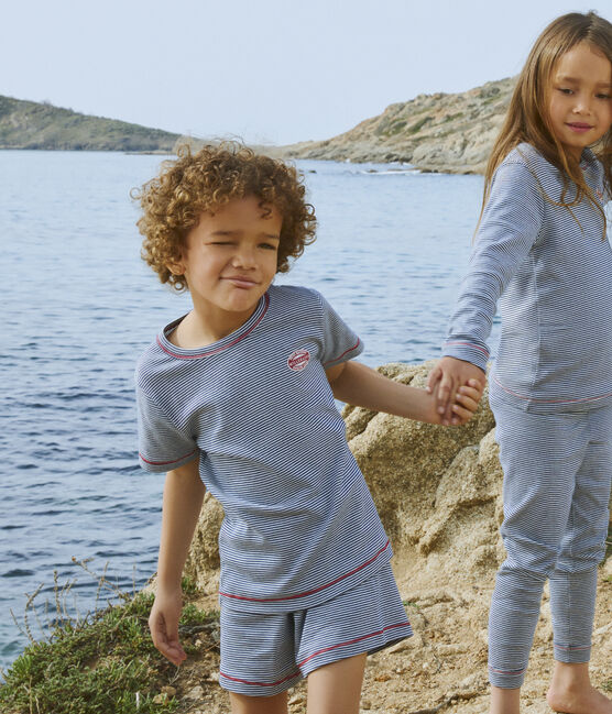 Pigiama corto millerighe in cotone per bambini blu MEDIEVAL/bianco MARSHMALLOW