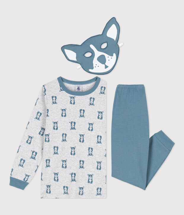 Pigiama di cotone bambino unisex con maschera e fantasia cane grigio/blu